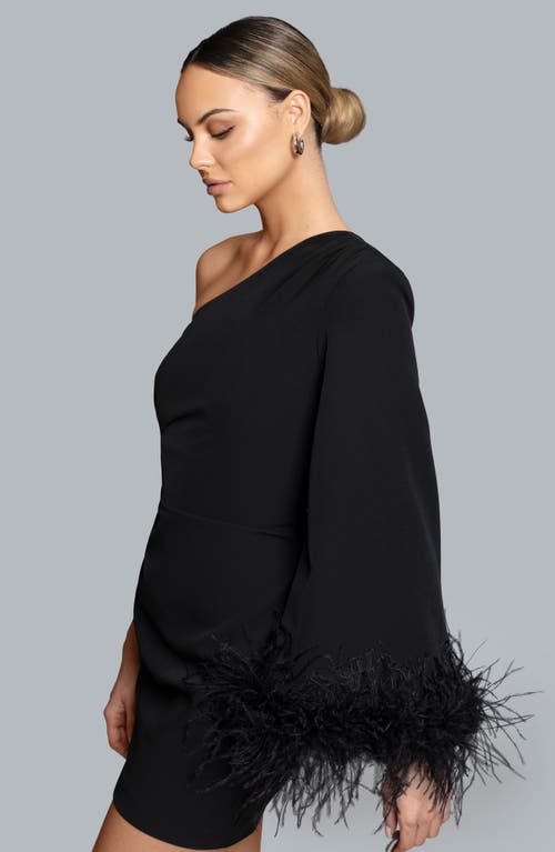 Ghrail Ellis Feather Trim One-shoulder Crepe Cocktail Minidress In Black