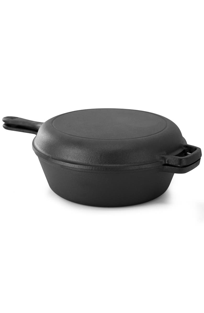 Megachef 10.5 Inch 2-in-1 Pre-Seasoned Cast Iron Skillet and Fry Pan Set, Alternate, color, Black