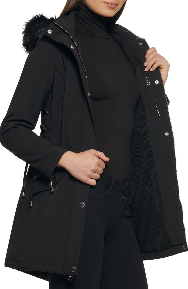 GUESS Faux Fur Trim Hooded Lace-Up Side Softshell Jacket, Alternate, color, 