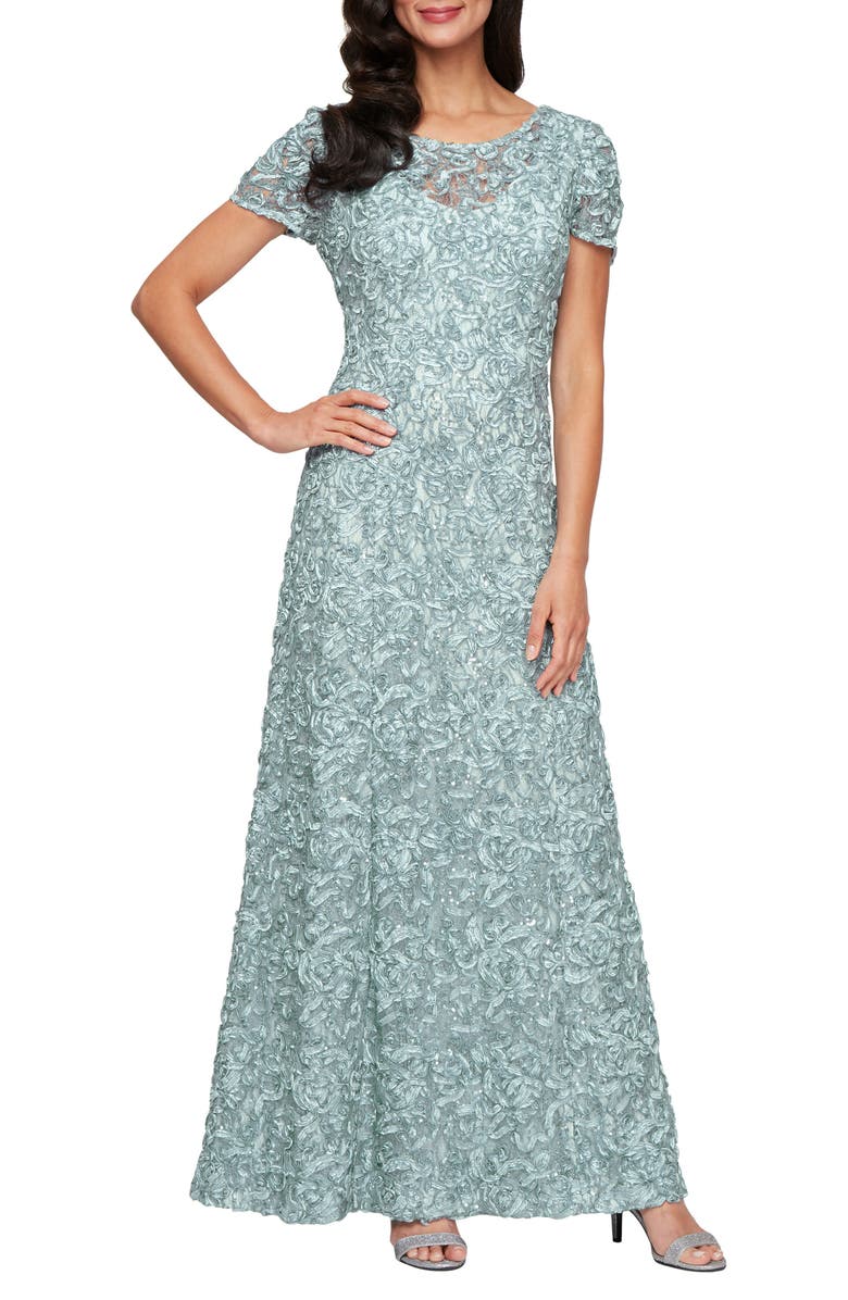 Alex Evenings Embellished Soutache A-Line Gown, Main, color, Ice Sage