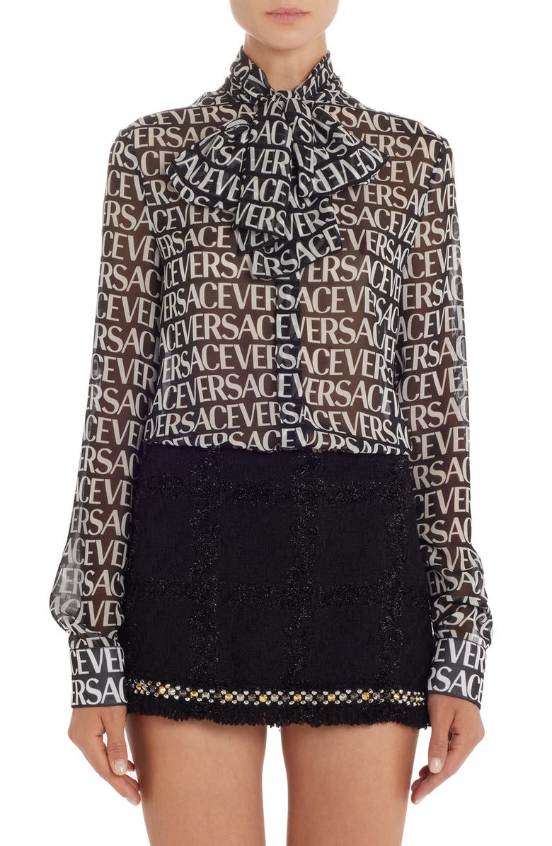 Versace Logo Print Semisheer Tie Neck Silk Blouse, Main, color, 