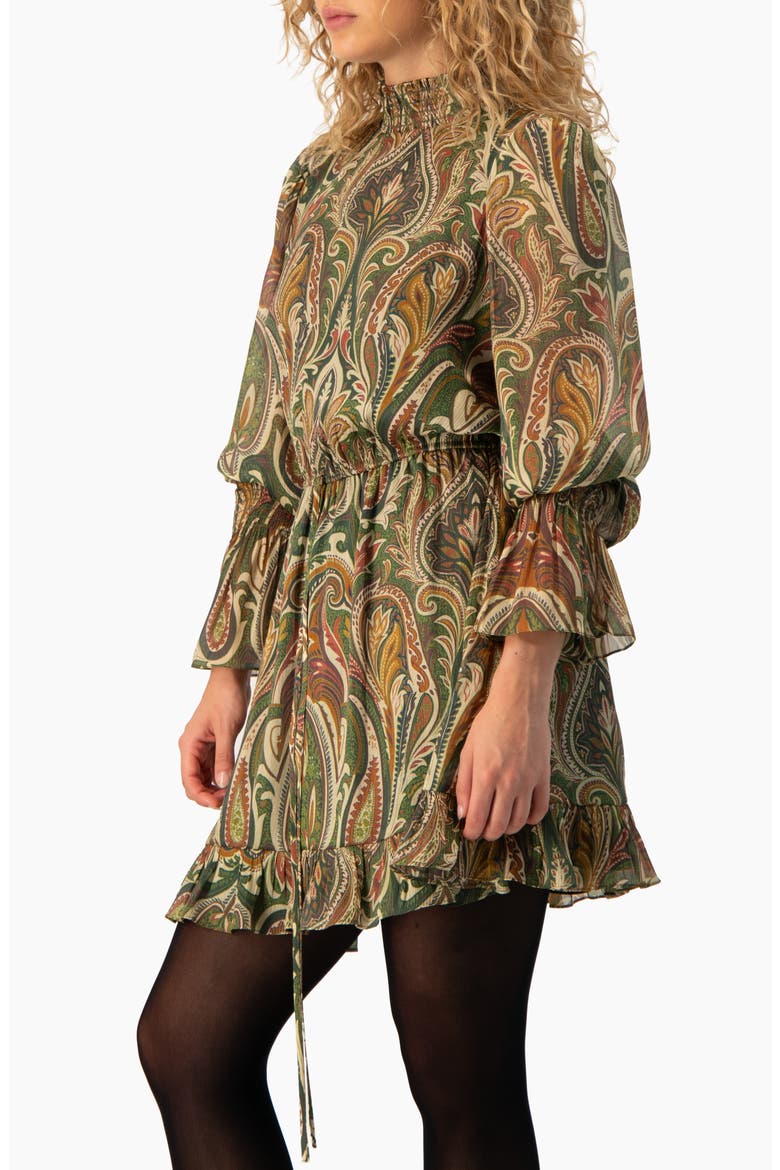 Paisley Print Smocked Mock-Neck Puff-Sleeve Mini Dress, Alternate, color, Olive Green