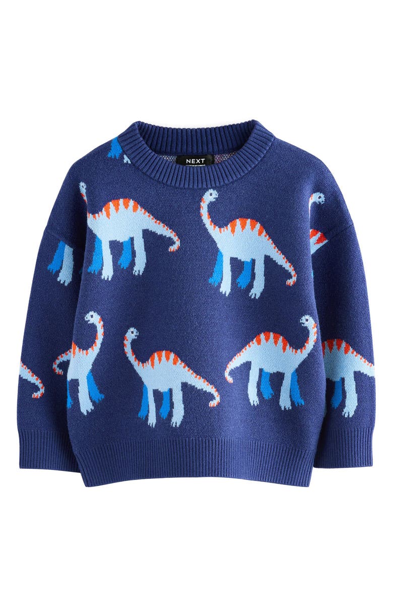 NEXT Kids' Dinosaur Jacquard Crewneck Sweater, Main, color, Blue