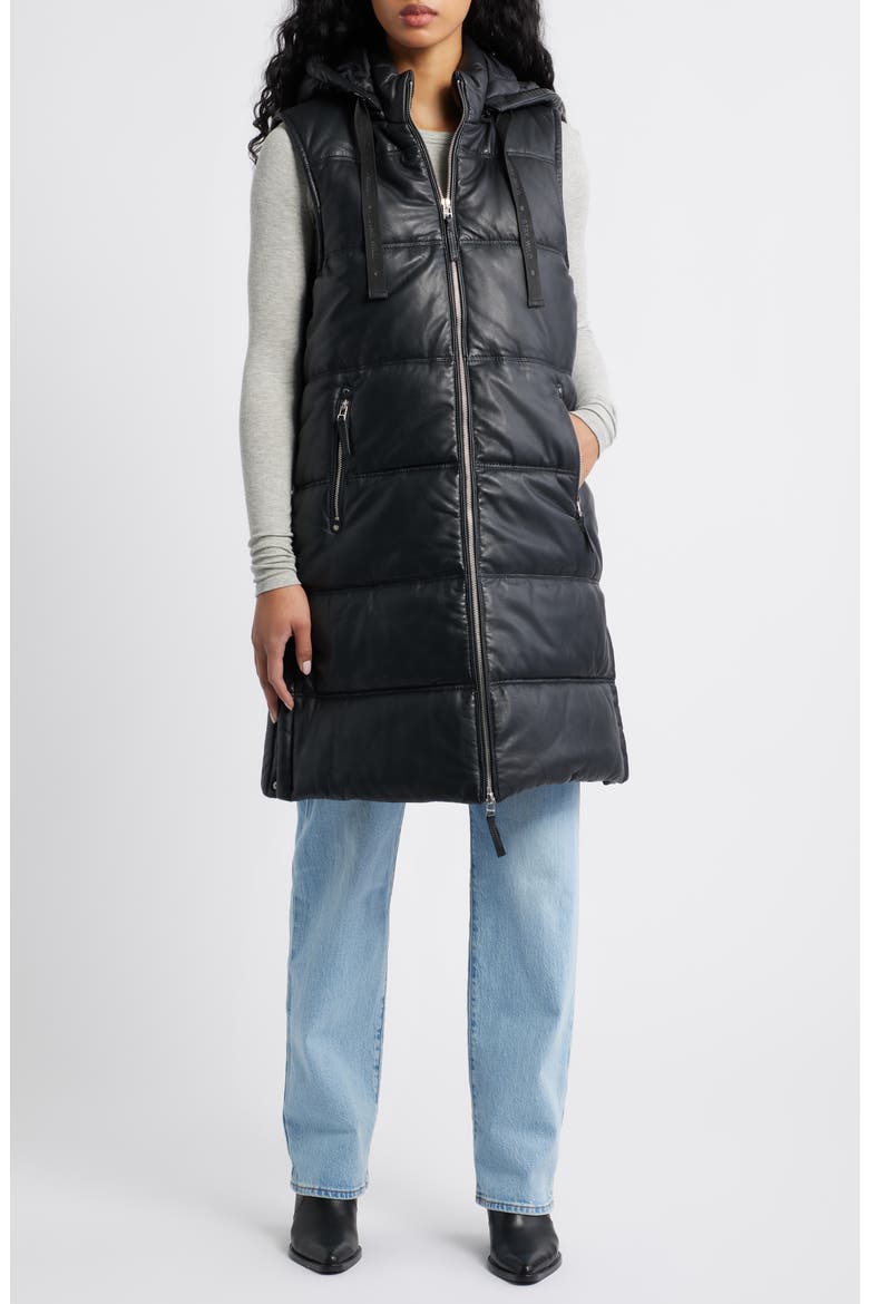 Veo Long Quilted Leather Vest, Alternate, color, BLACK