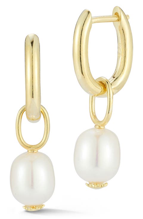 14K Gold Plated Sterling Silver 7–7.5mm Cultured Pearl Drop Huggie Hoop Earrings