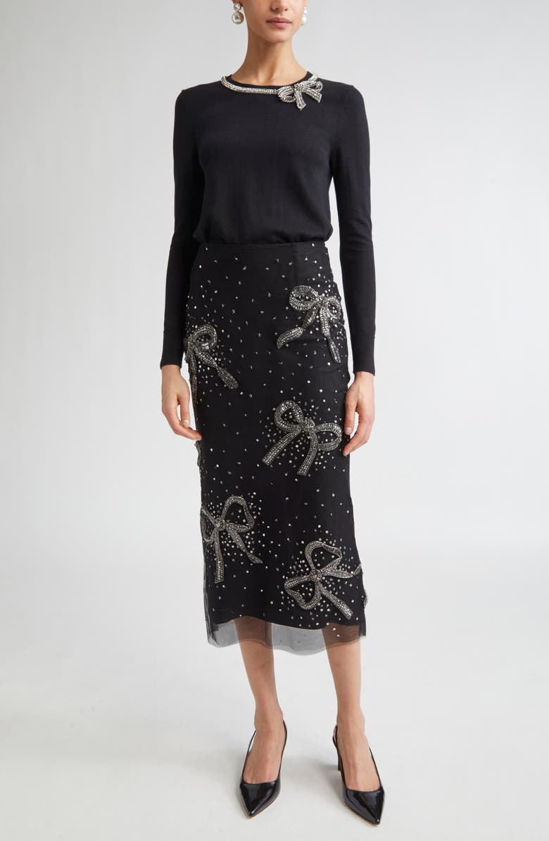 Carolina Herrera Bow Embellished Tulle Midi Skirt, Alternate, color, Black