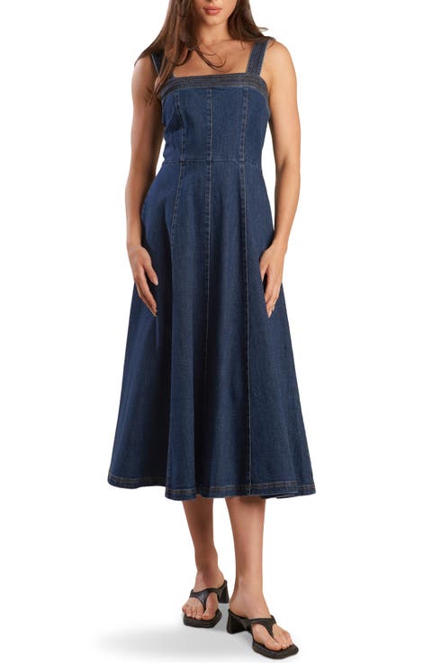 Sleeveless Washed Denim Fit & Flare Midi Dress