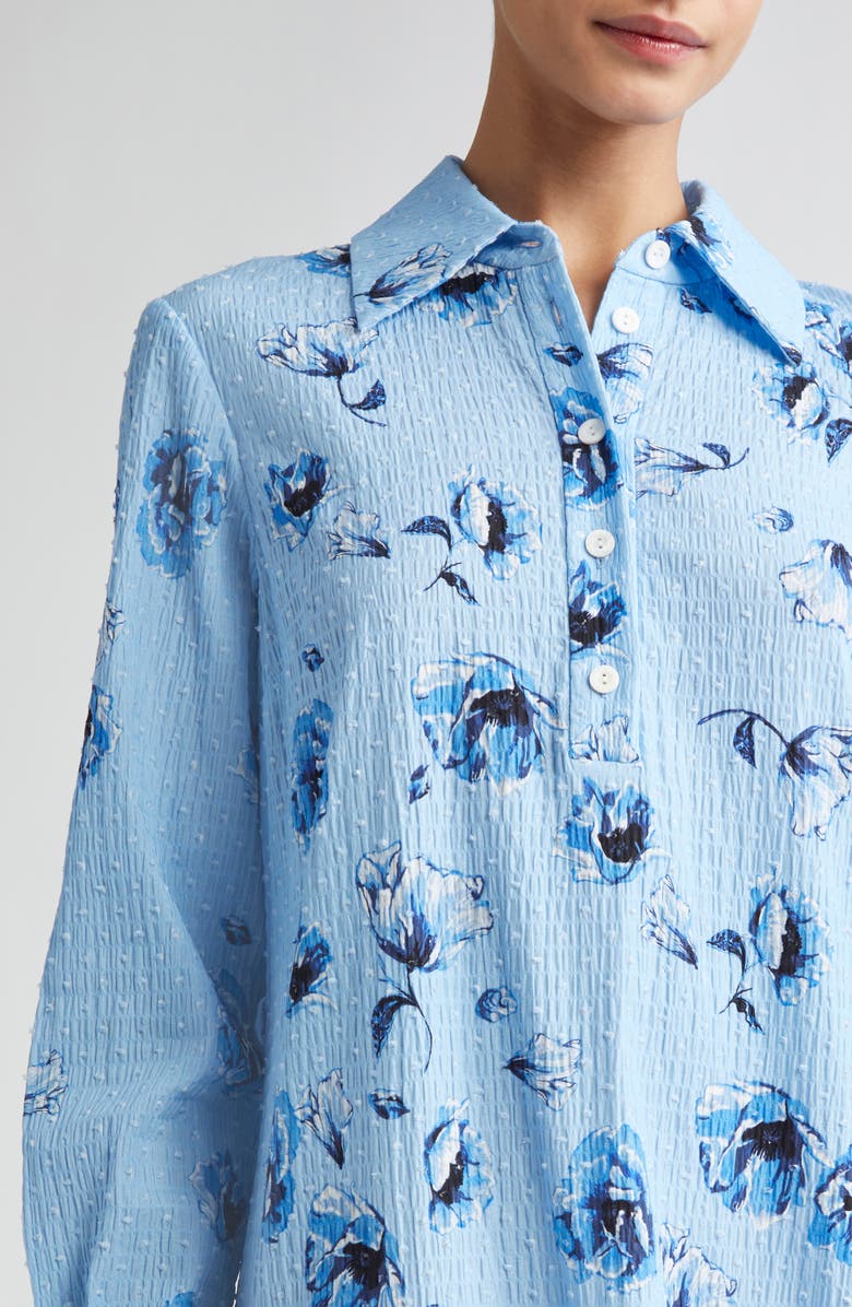 Emilia Wickstead Marione Floral Swiss Dot Long Sleeve Seersucker Shirtdress, Alternate, color, Blue Poppies On Baby Blue