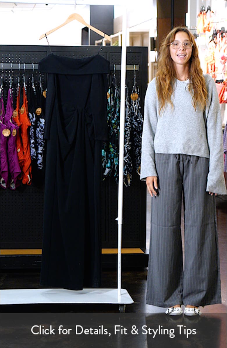 Off the Shoulder Long Sleeve Rib & Crepe Gown