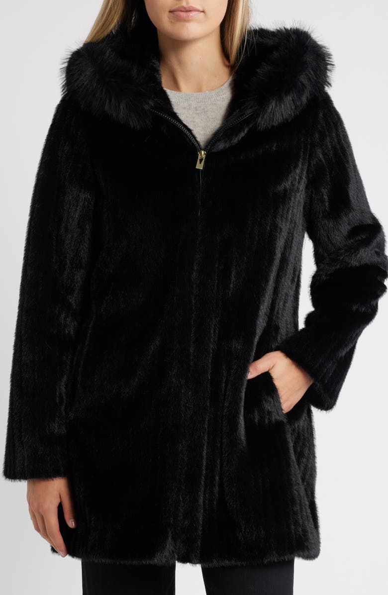Via Spiga Grooved Faux Fur Hooded Coat, Main, color, 