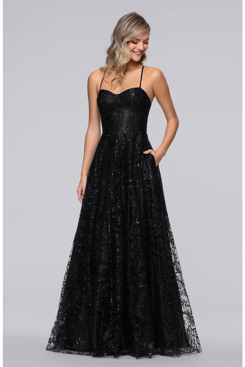 Sequin & Mesh Gown, Alternate, color, BLACK
