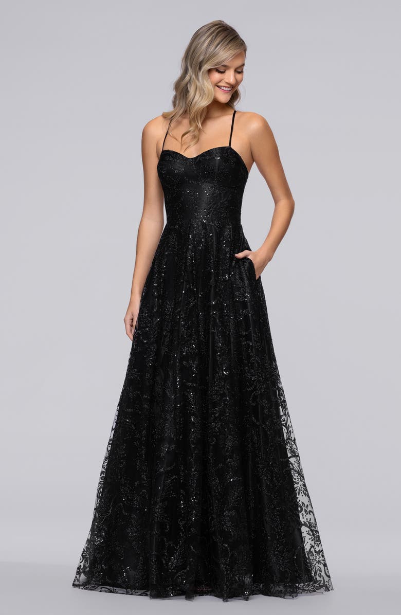 Blondie Nites Sequin & Mesh Gown, Alternate, color, Black