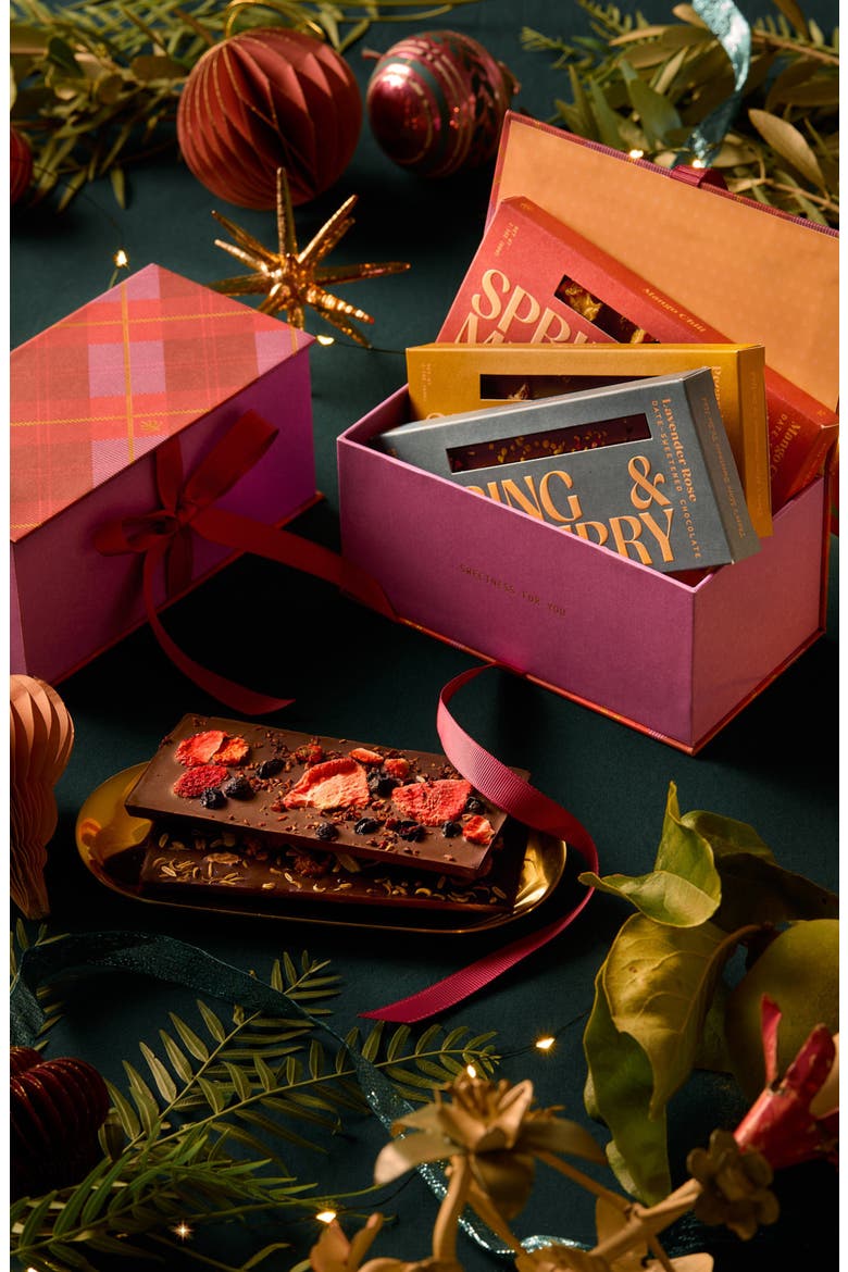 Embellished Holiday Collection Date Sweetened Dark Chocolate Bars 5-Piece Gift Box, Alternate, color, RED