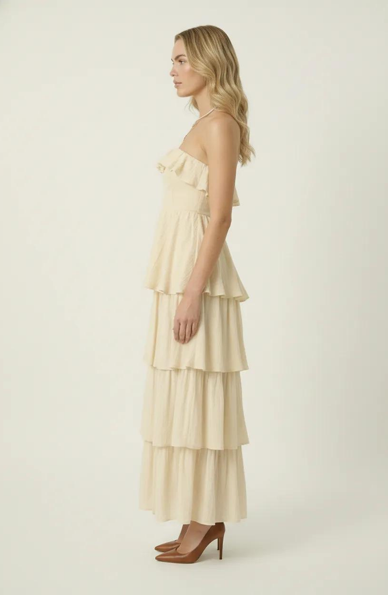 Modenaire Strapless Tiered Ruffle Maxi Dress with High Slit, Alternate, color, Cream