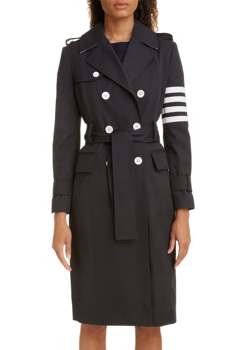 Stripe Sleeve Waterproof Trench Coat, Alternate, color, NAVY