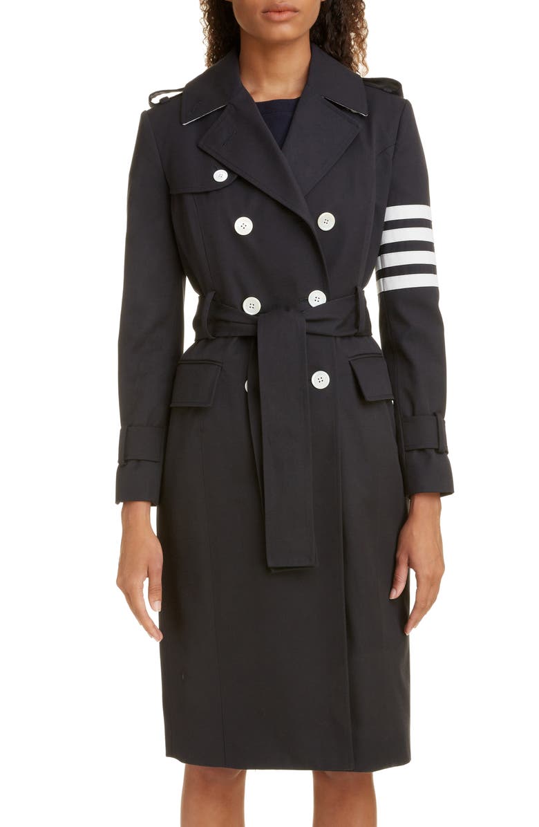 Thom Browne Stripe Sleeve Waterproof Trench Coat, Alternate, color,
