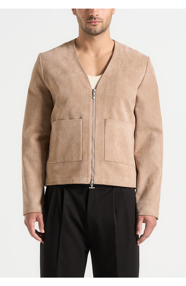 Manière De Voir Maxime Suede Zip Jacket With Contrast Stitch, Alternate, color, Beige