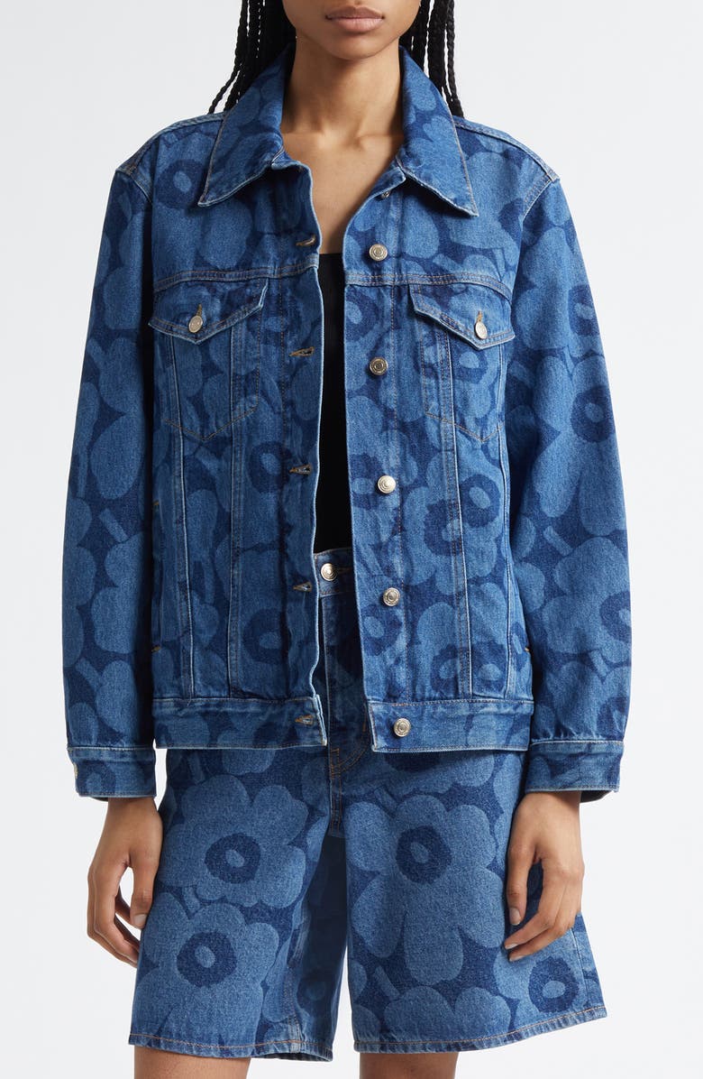 Marimekko Maridenim Murros Unikko Denim Trucker Jacket, Main, color, Mid Indigo