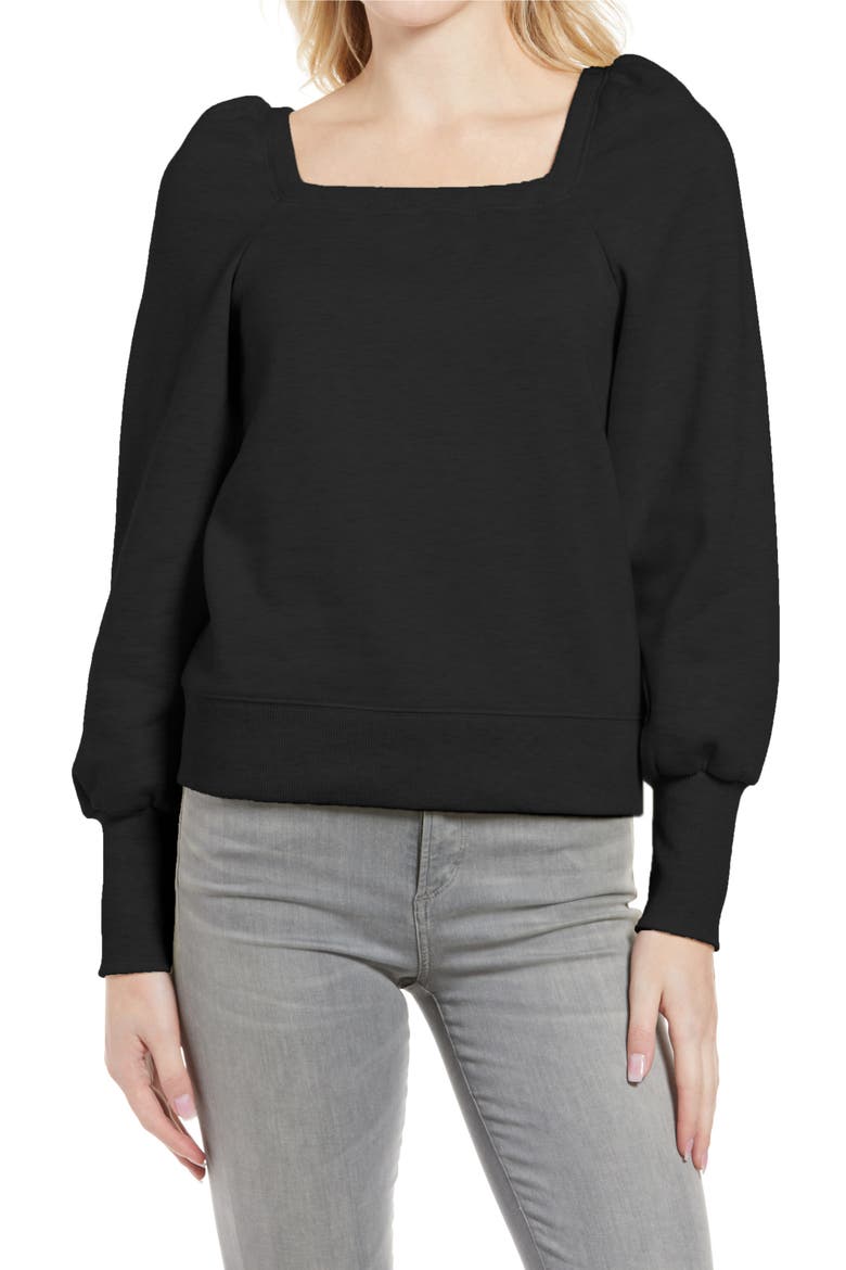Ariel Square Neck Puff Sleeve Sweatshirt, Main, color, BLACK