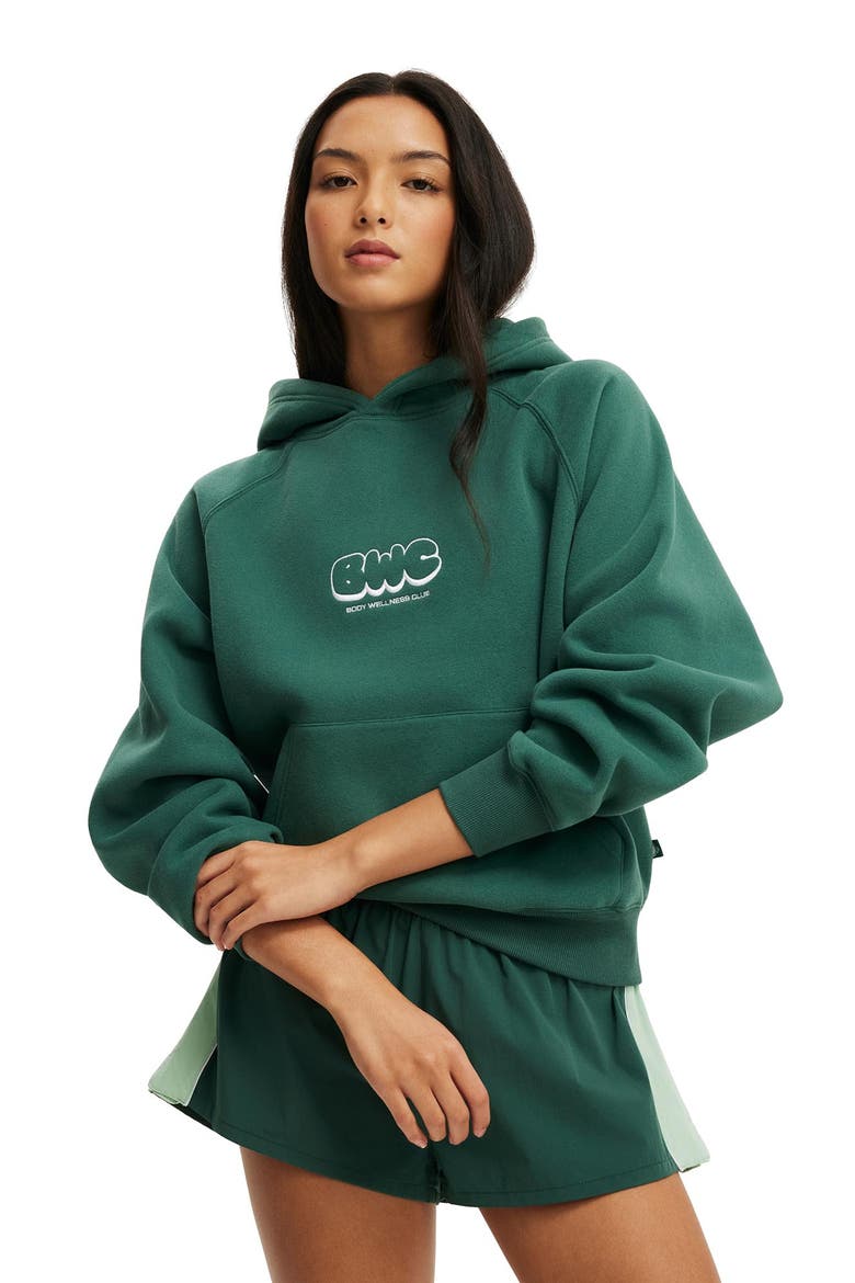 Women's Active Plush Premium Graphic Raglan Hoodie, Alternate, color, Bistro Green Body Wellness