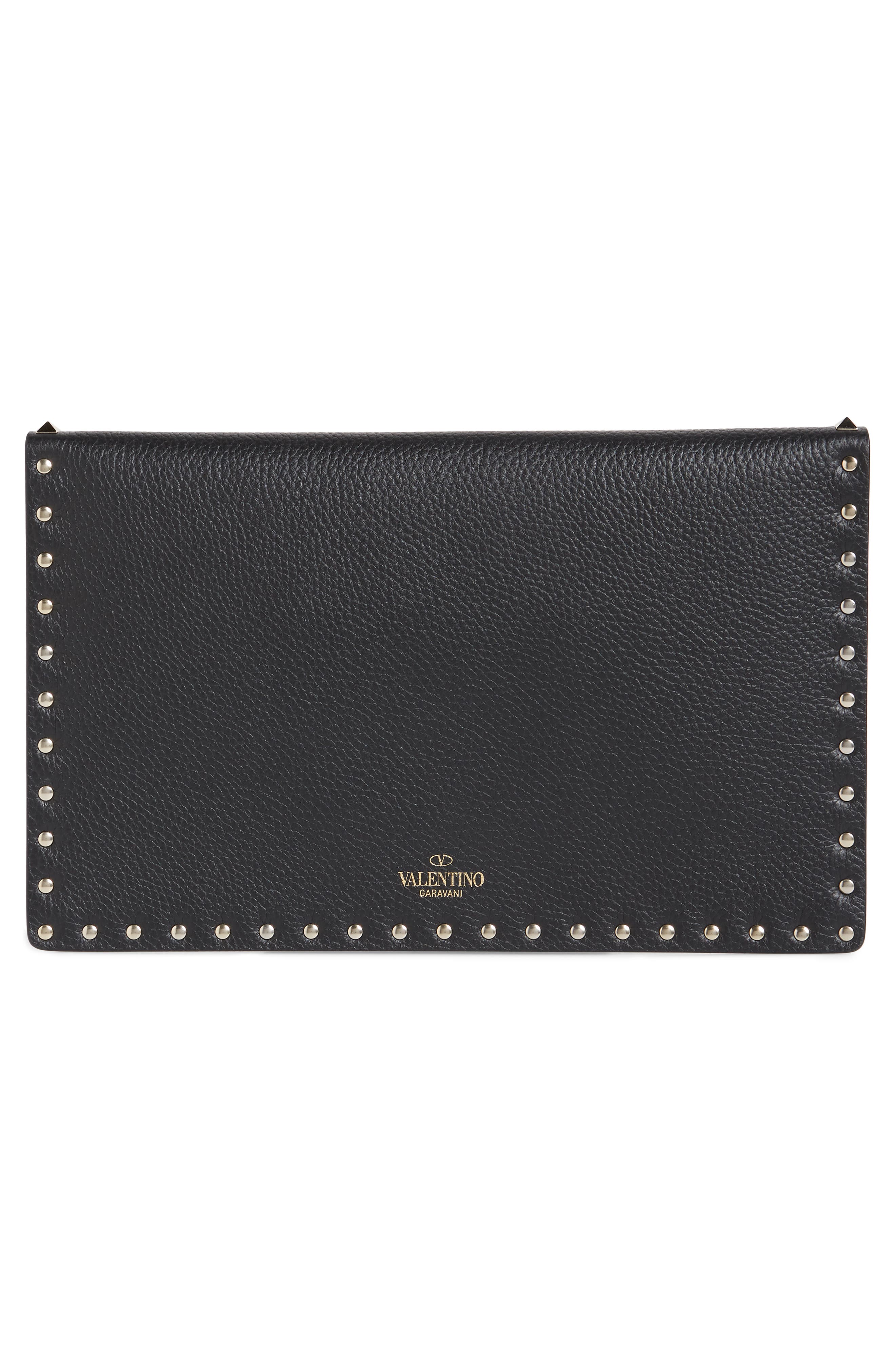 Valentino Garavani Large Rockstud Calfskin Leather Pouch, Alternate, color, 