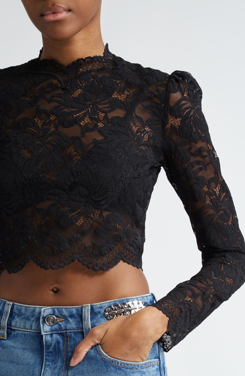 Rabanne Long Sleeve Stretch Lace Crop Top, Alternate, color,
