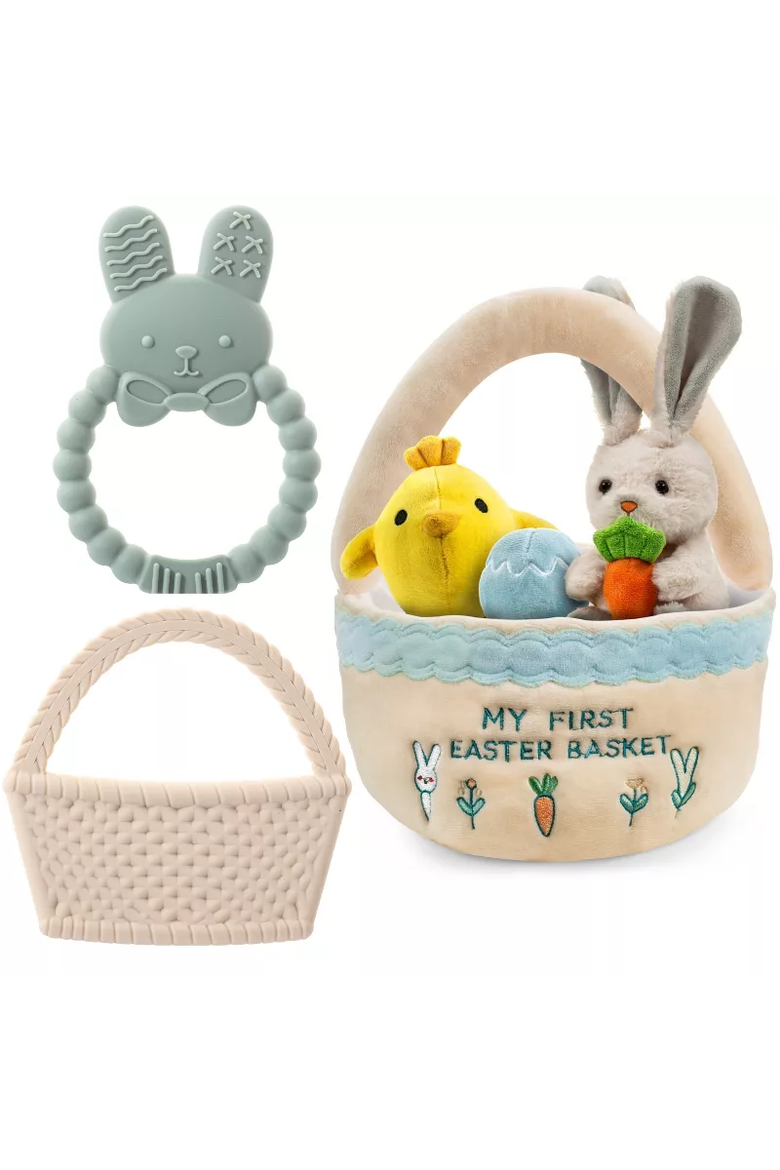 Easter Plush and Teether Baby Playset with Basket 6-Piece, Main, color, Multicolor