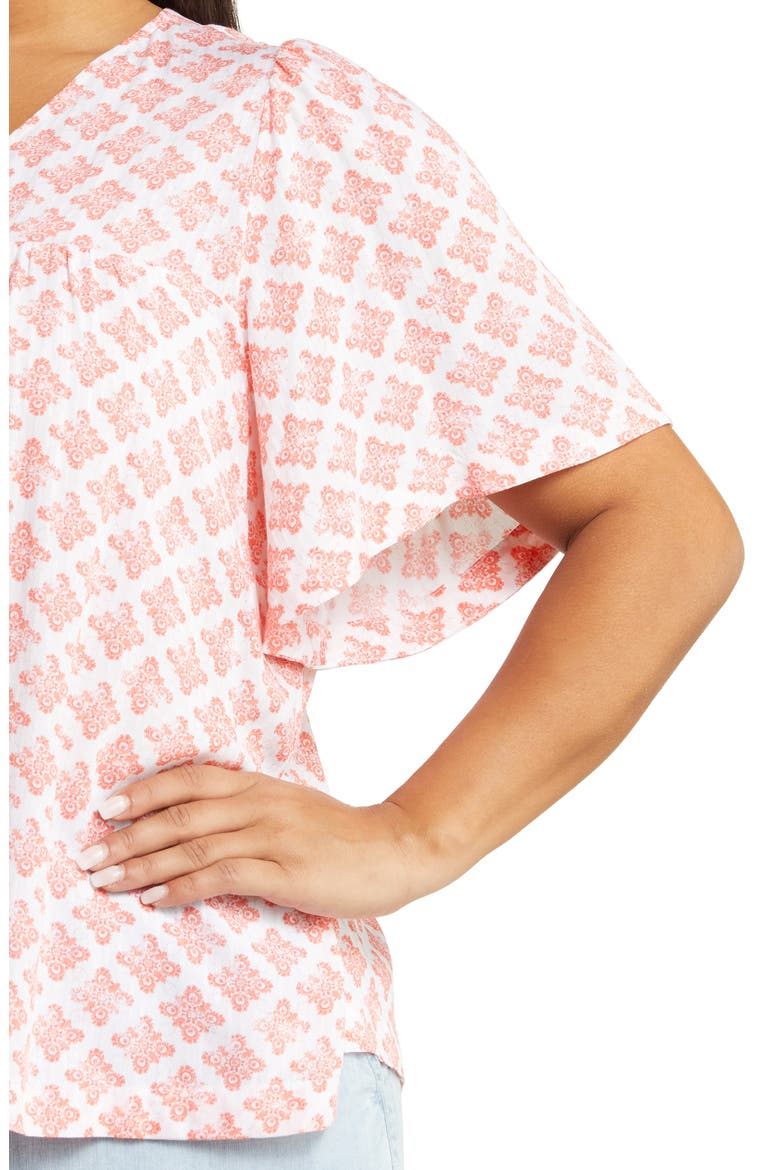 Print V-Neck Gauze Top, Alternate, color, WHITE- CORAL TILE GEO