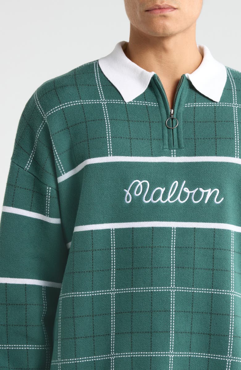 Malbon Golf Bennett Plaid Cotton Zip Polo Sweater, Alternate, color, Hunter Green