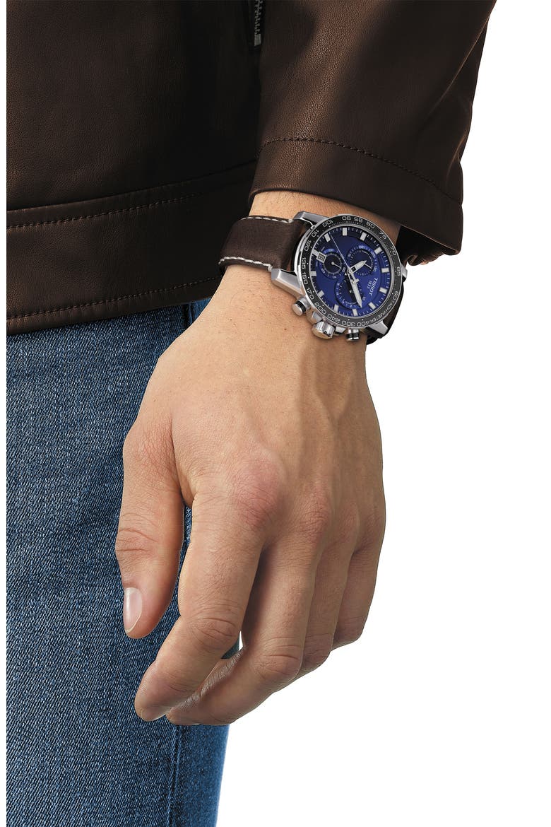 Supersport Chronograph Leather Strap Watch, 45.5mm, Alternate, color, BLUE