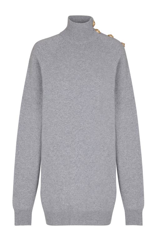 Balmain Cashmere Wool Turtleneck Dress Gold Button Detail In Gray
