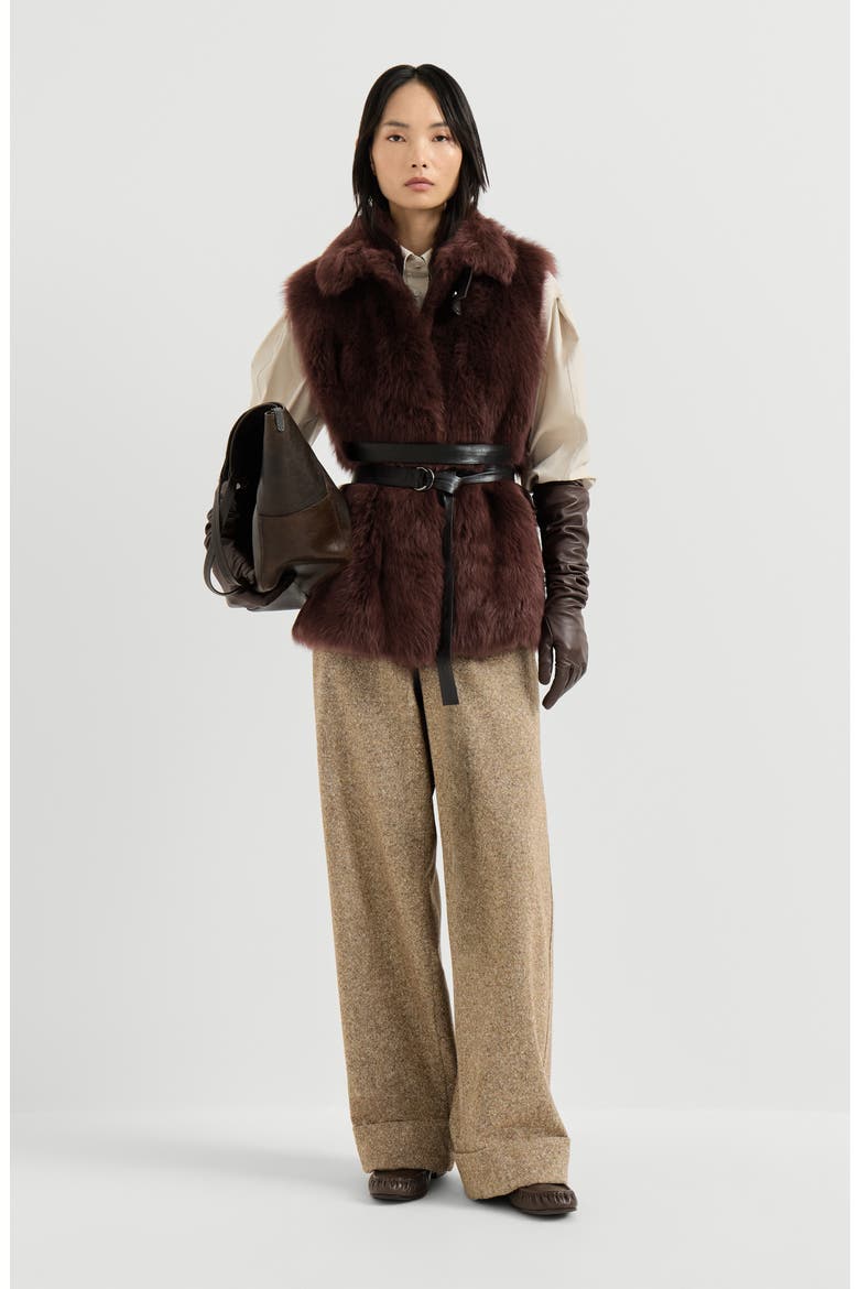Lux shearling vest with nappa leather belt and monili, Alternate, color, Burgundy
