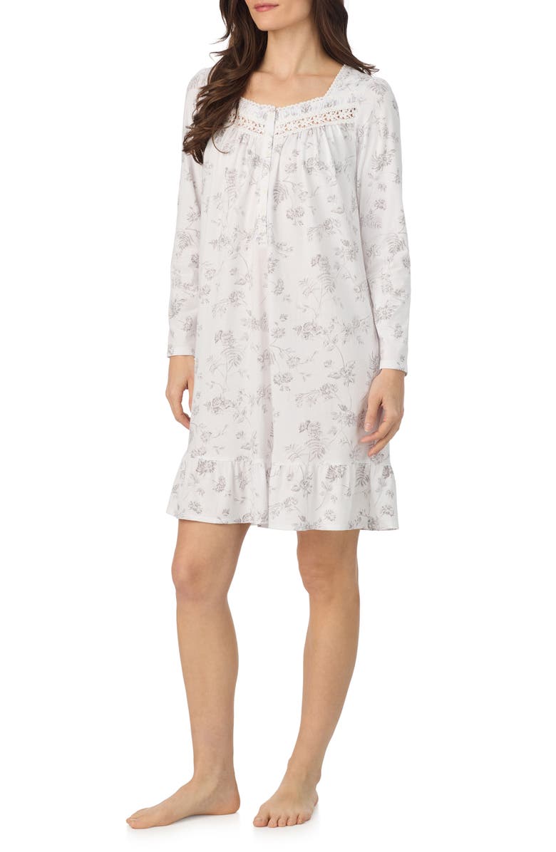 Eileen West Long Sleeve Short Cotton Nightgown, Alternate, color, White/ Grey
