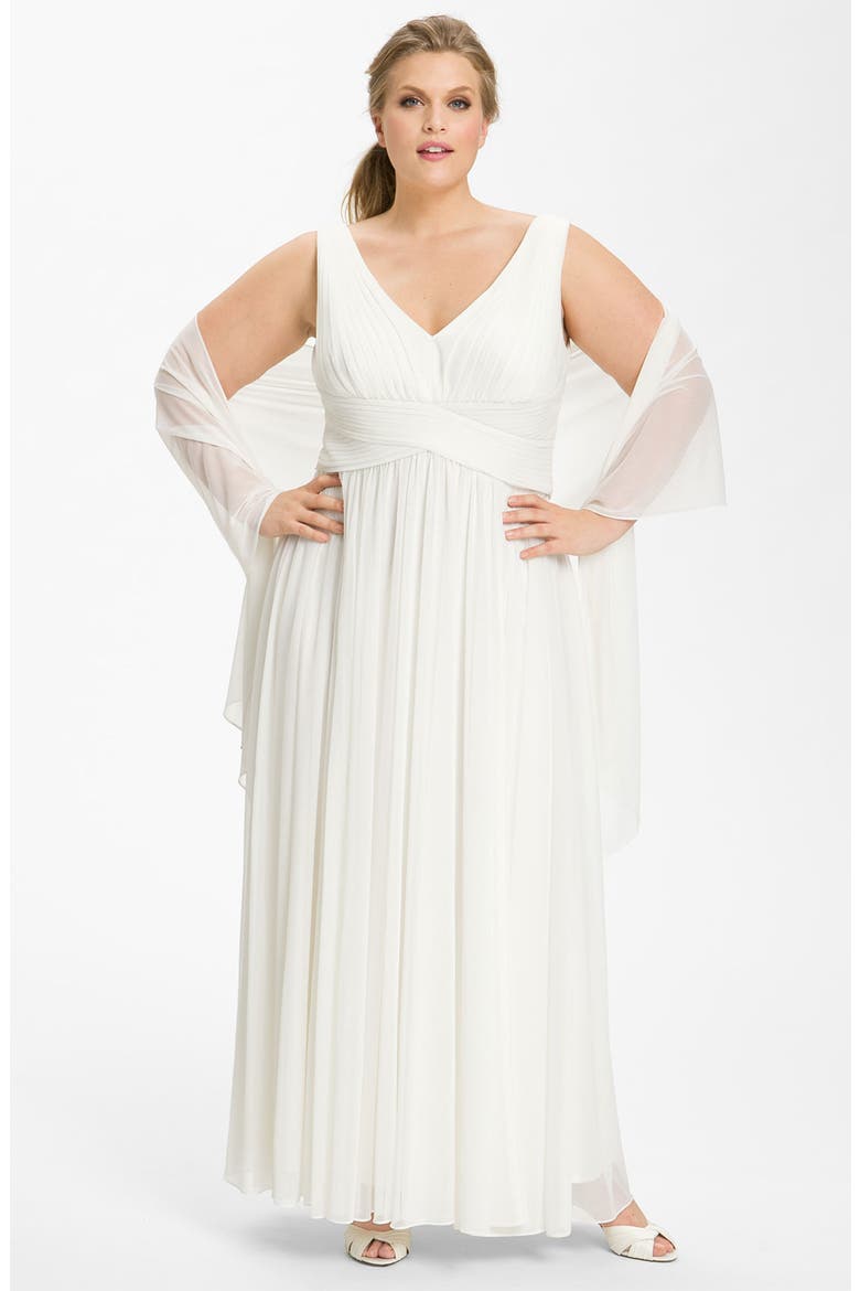Ruched Mesh Gown with Shawl, Main, color, IVORY