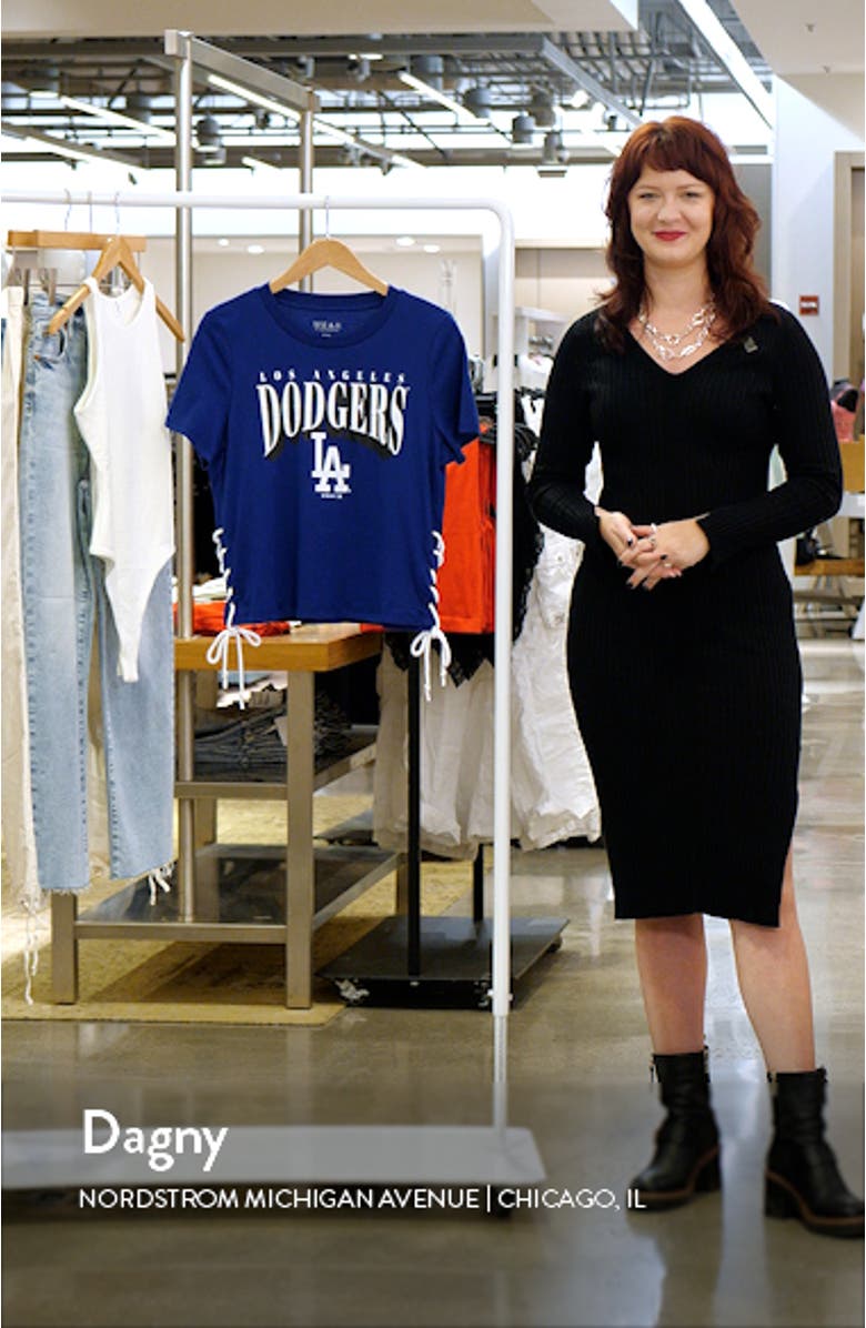 Women's WEAR by Erin Andrews Royal Los Angeles Dodgers Side Lace-Up Cropped T-Shirt, sales video thumbnail