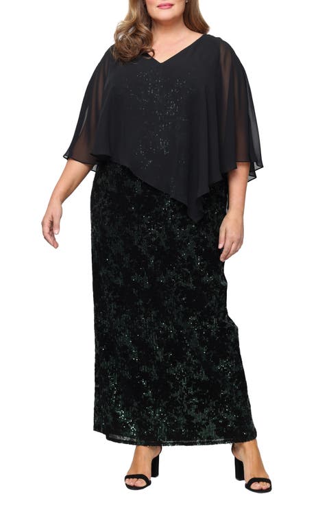 Chiffon Capelet Sequin Gown (Plus)