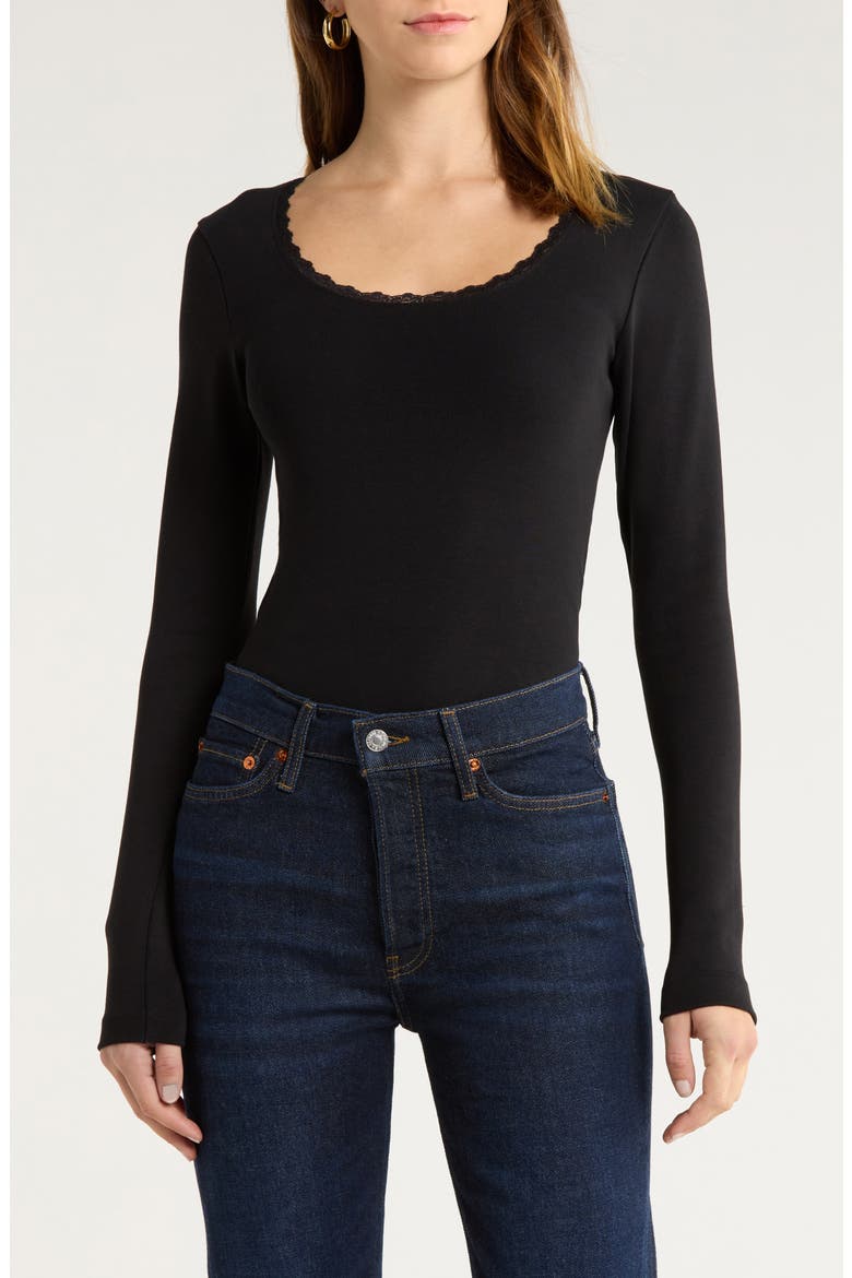 Lace Trim Stretch Cotton Top, Main, color, BLACK