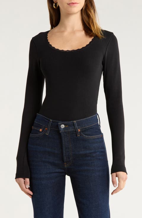 Lace Trim Stretch Cotton Top