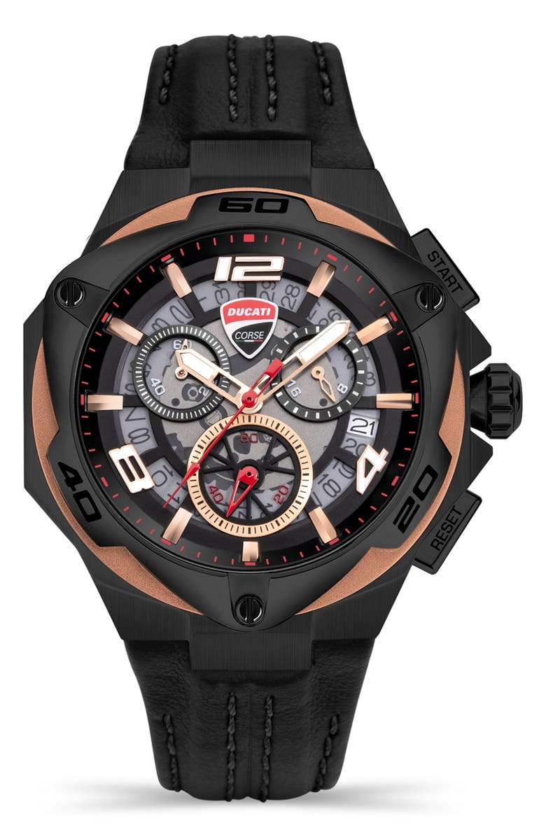 Ducati Corse Motore Leather Strap Chronograph Watch, 49mm x 56mm, Main, color, 