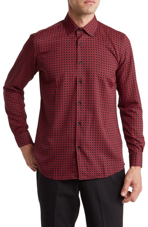 Slim Fit Grid Print Performance Button-Up Shirt