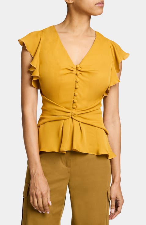 ELLA Flutter Sleeve Buttoned Blouse with Waist Panel