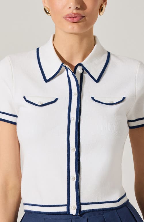 Shop Astr The Label Contrast Detail Short Sleeve Cardigan In Off White Navy