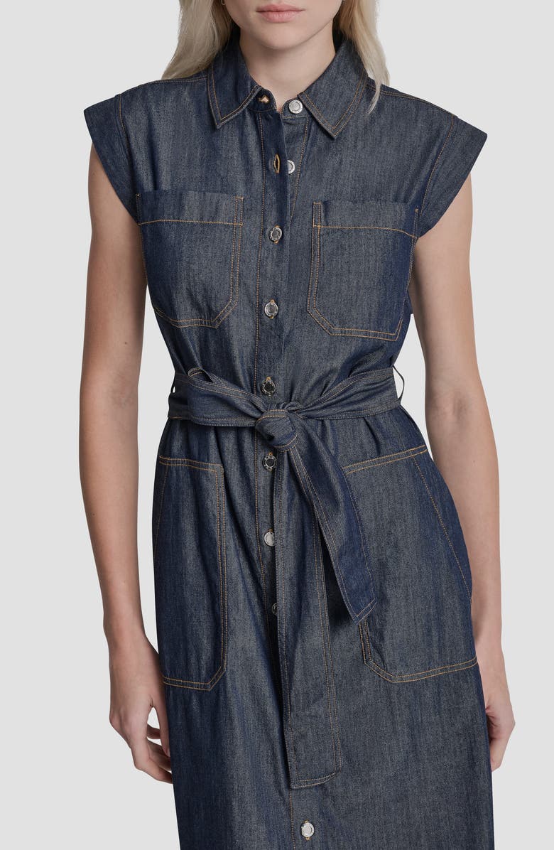 DKNY Cap Sleeve Cotton Blend Chambray Shirtdress, Alternate, color, Dark Benson