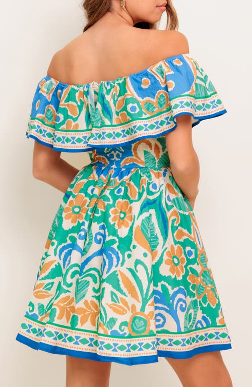 Flying Tomato Off-the-shoulder Print Mini Dress In Blue