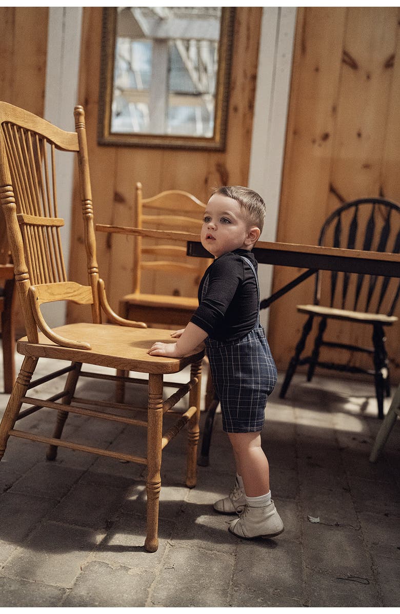 Space Grey Boy Woven Plaid Overall with Removable Straps, Alternate, color, Beige