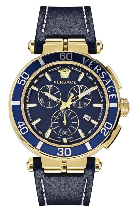 Greca Chronograph Leather Strap Watch, 45mm