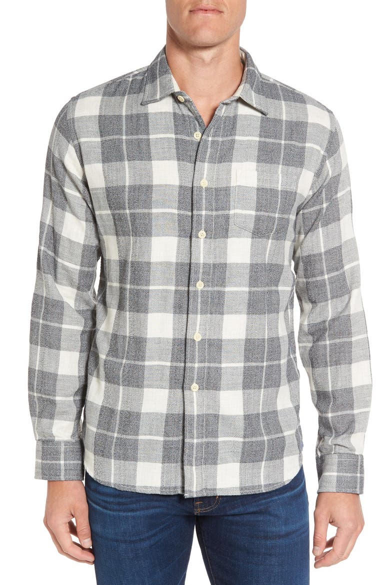 Devon Trim Fit Plaid Herringbone Sport Shirt, Main, color, GREY