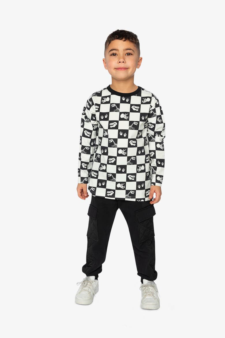 Organic Cotton Checkerboard Dino Icon Long Sleeve T-Shirt, Alternate, color, Black and White Checker