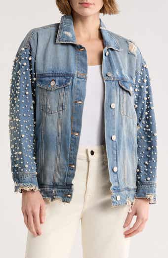 BLANKNYC Faux Pearl Distressed Denim Jacket
