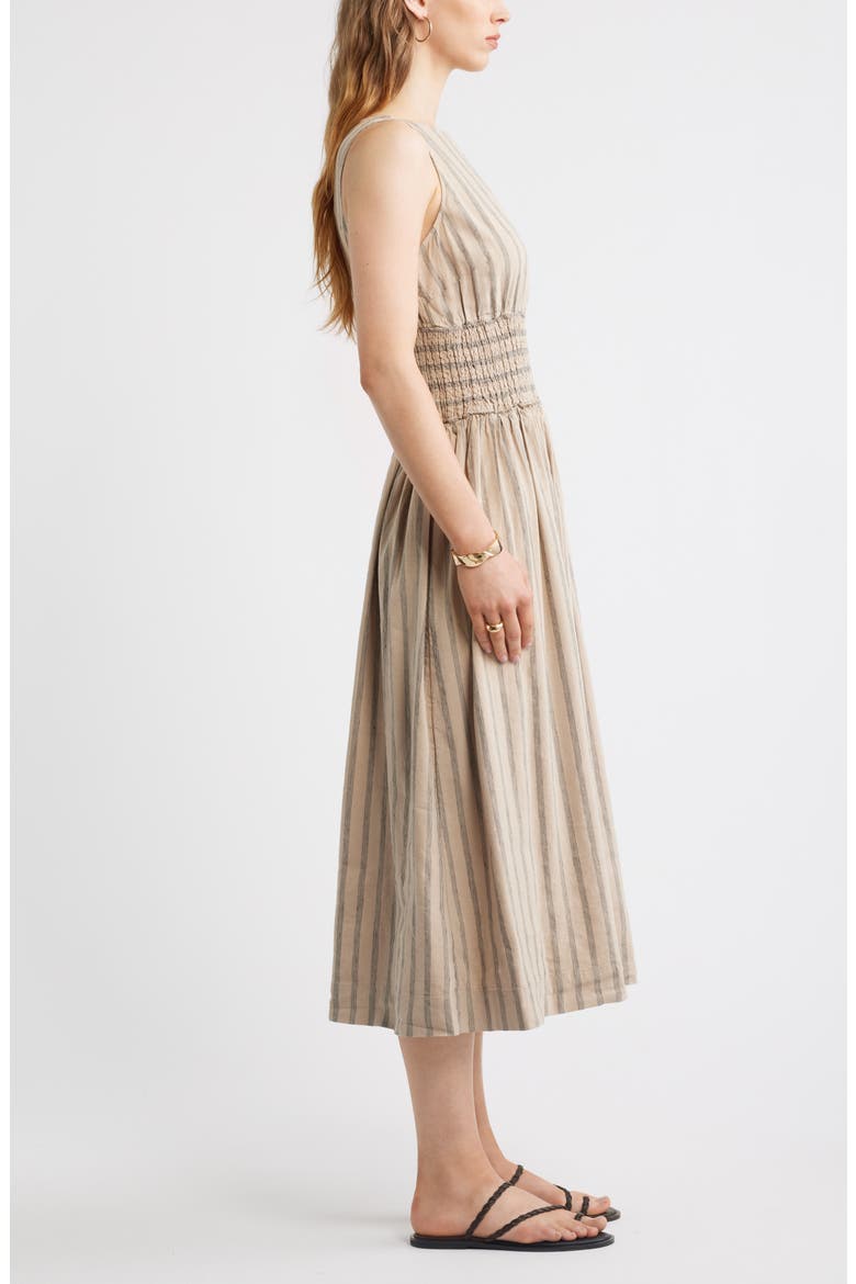 Smocked Waist Midi Dress, Alternate, color, TAN- BLACK SONJAY STRIPE